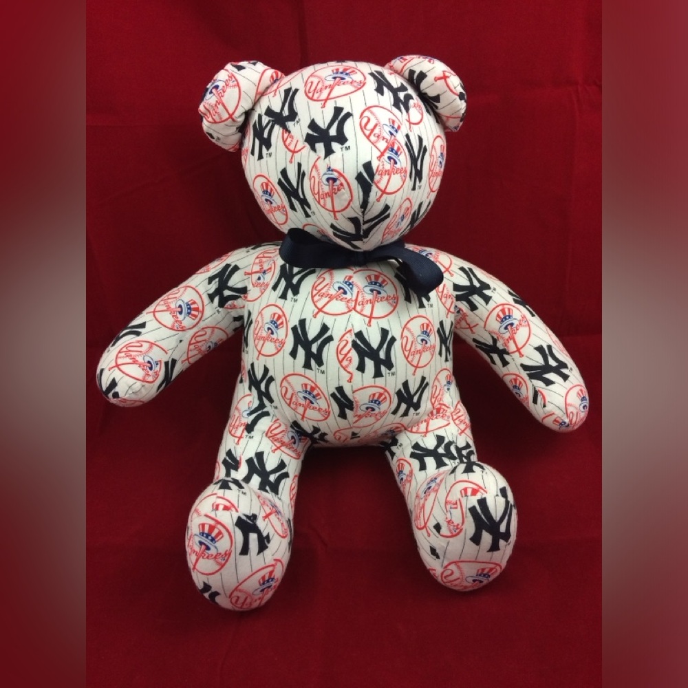 New York Yankees Memory Teddy Bear Plush With Blue Bow Baseball Handmade